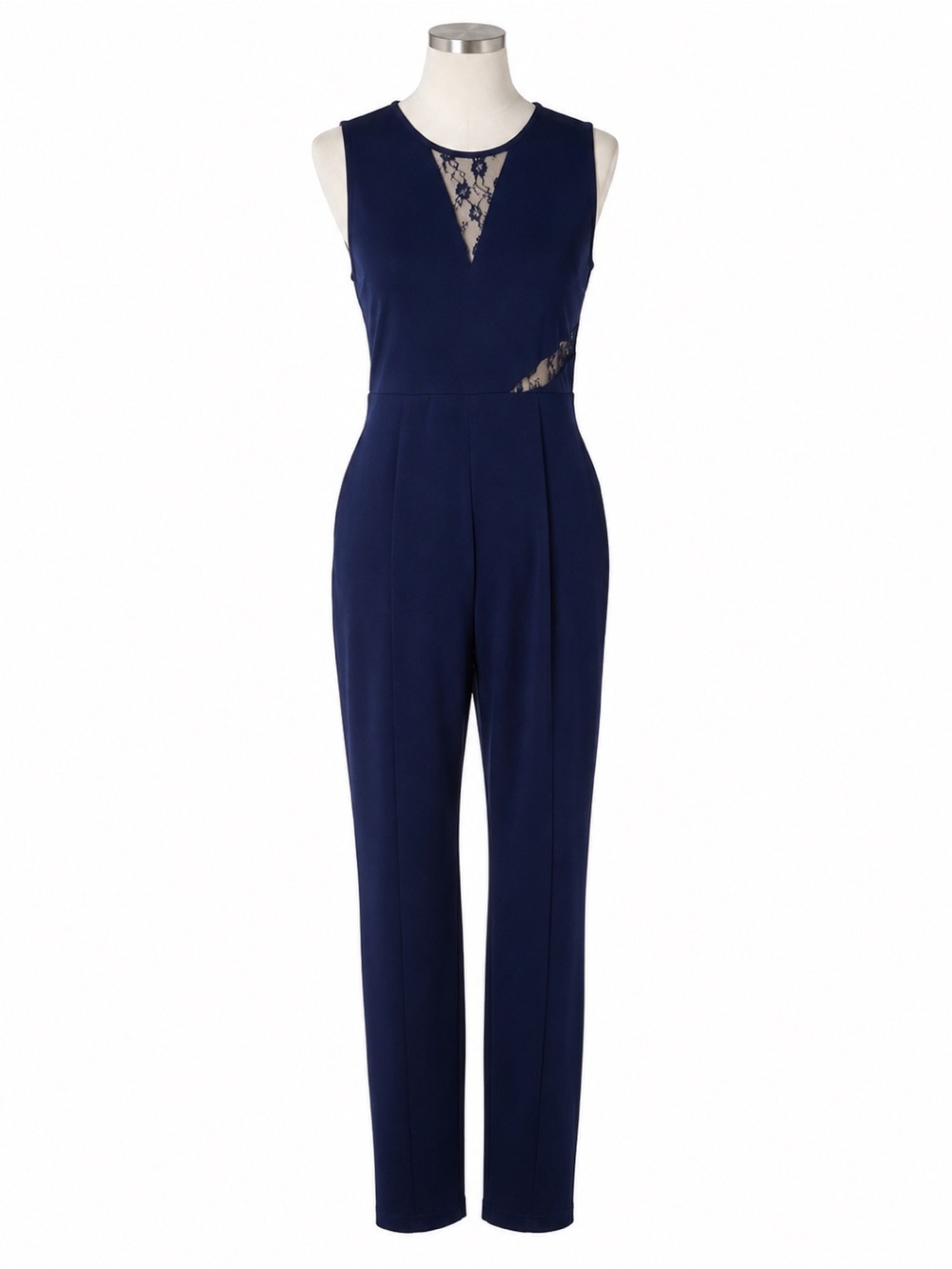 Navy Lace Inset Sleeveless Cocktail Jumpsuit Women’s Large | Wedding Guest